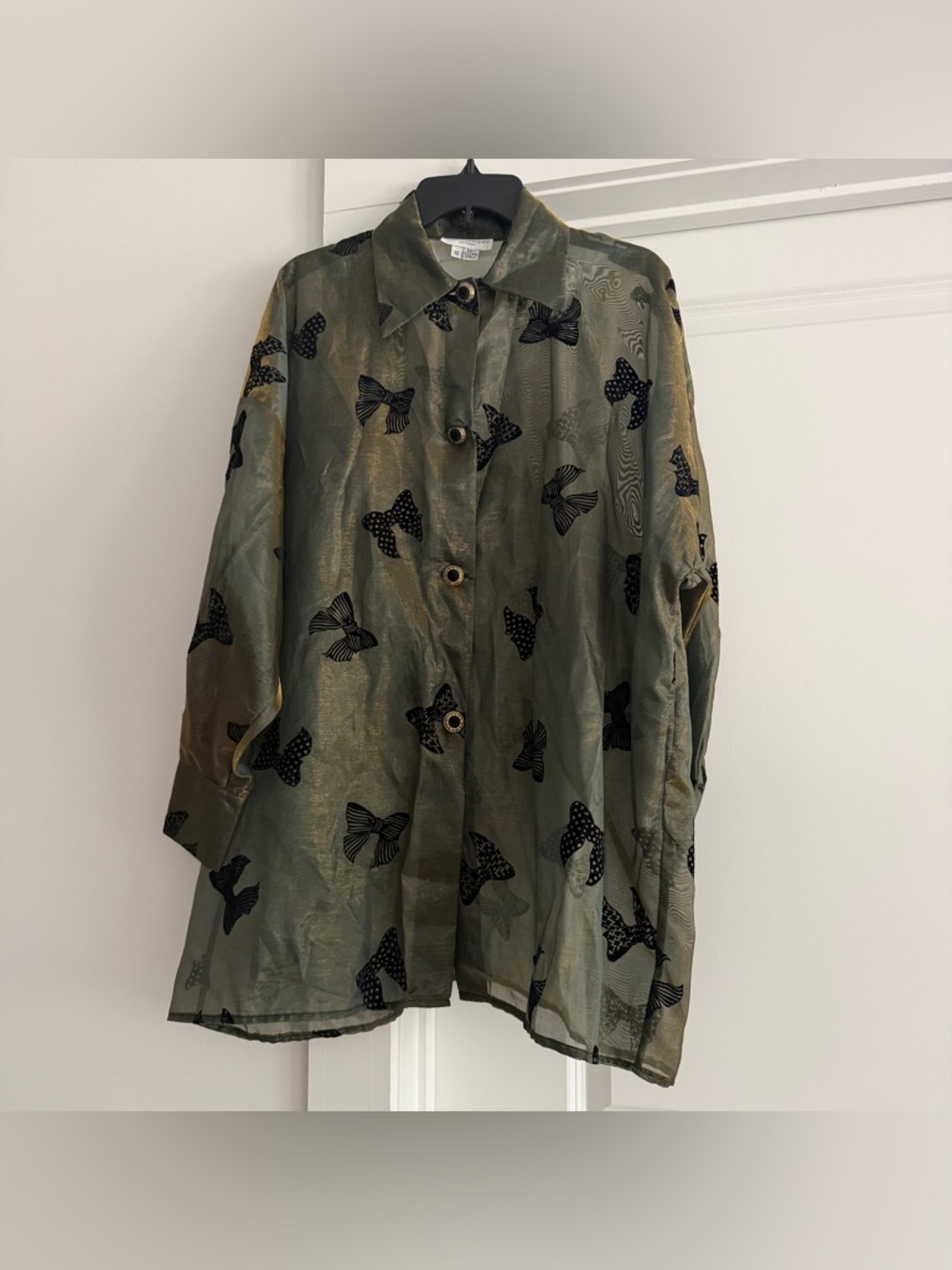 Vintage Oversized Sheer Maria Rodriguez button down velvet butterfly shirt S